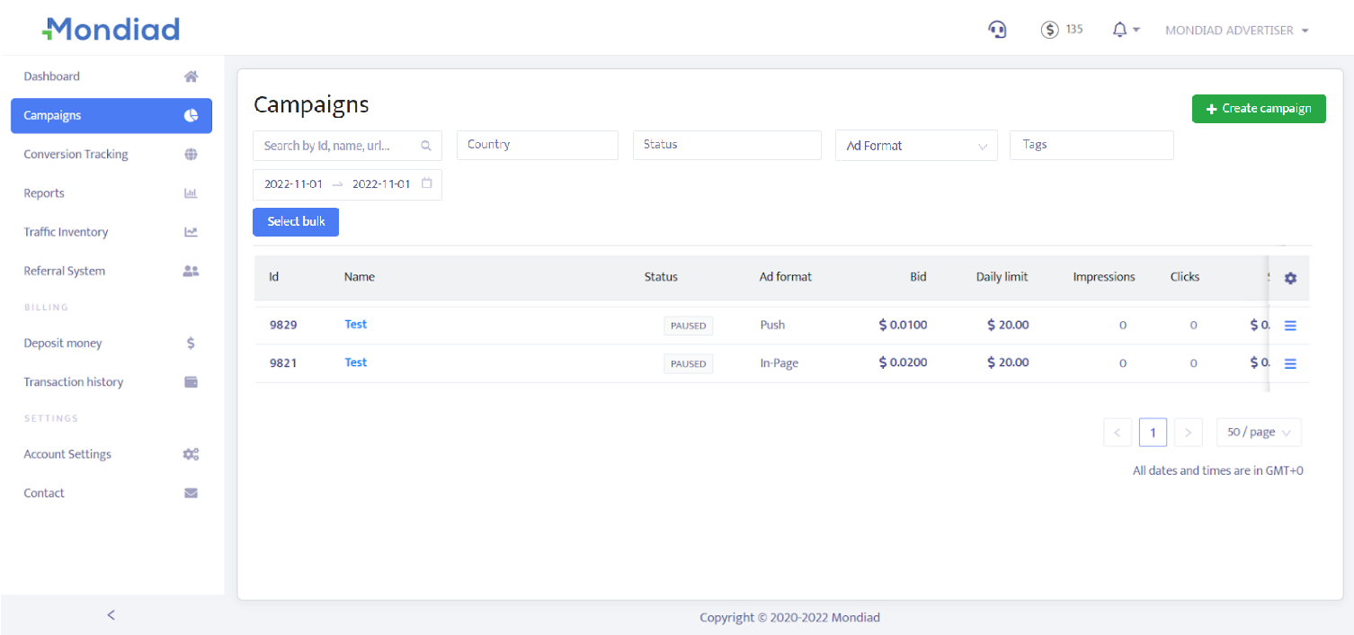Mondiad campaigns tab