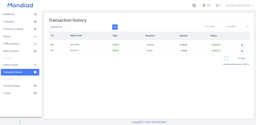 Mondiad transaction history