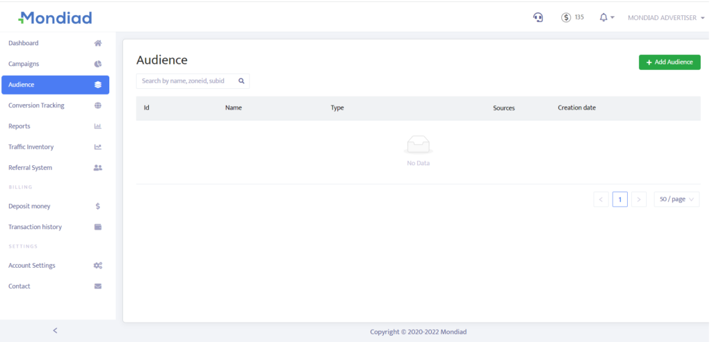 Mondiad traffic audiences setup