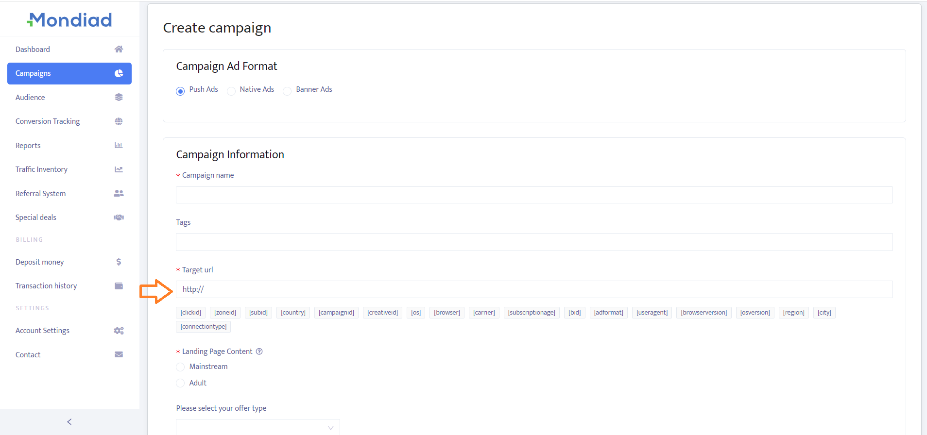 Mondiad campaign creation