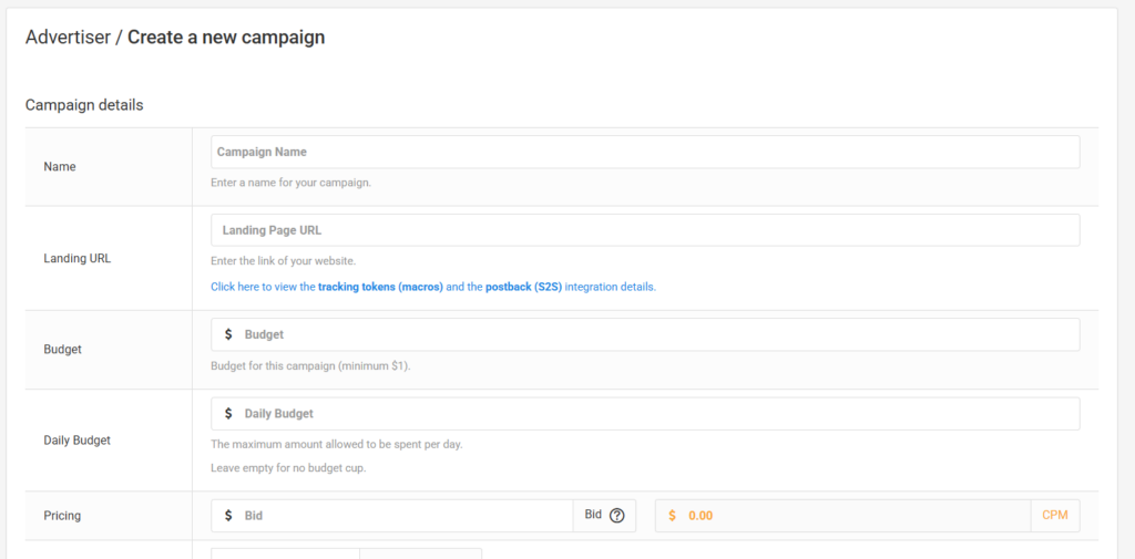 PopCash campaign creation form with name, URL, budget, and bid fields