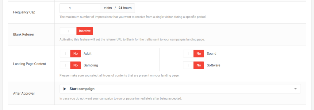 PopCash frequency cap, blank referrer, and content type settings