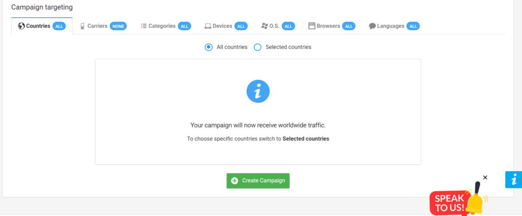 PopCash campaign targeting interface with country, device, OS, and browser options