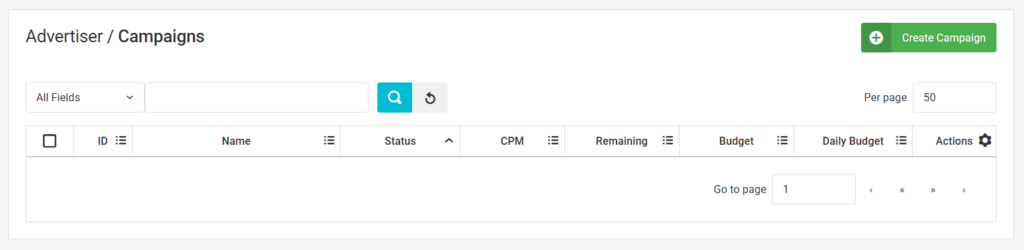 PopCash advertiser dashboard with Create Campaign button