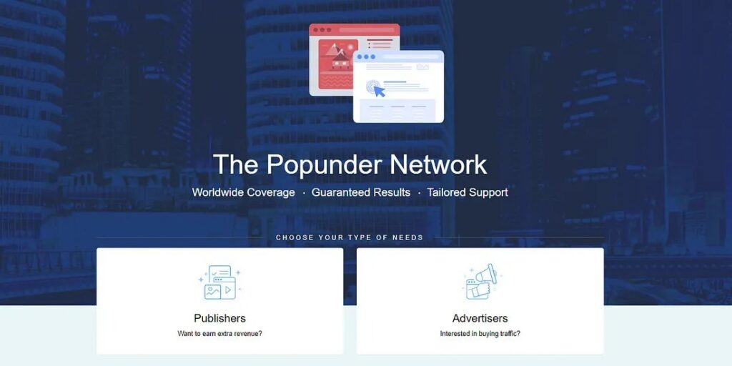 PopCash popunder network homepage showing publisher and advertiser options