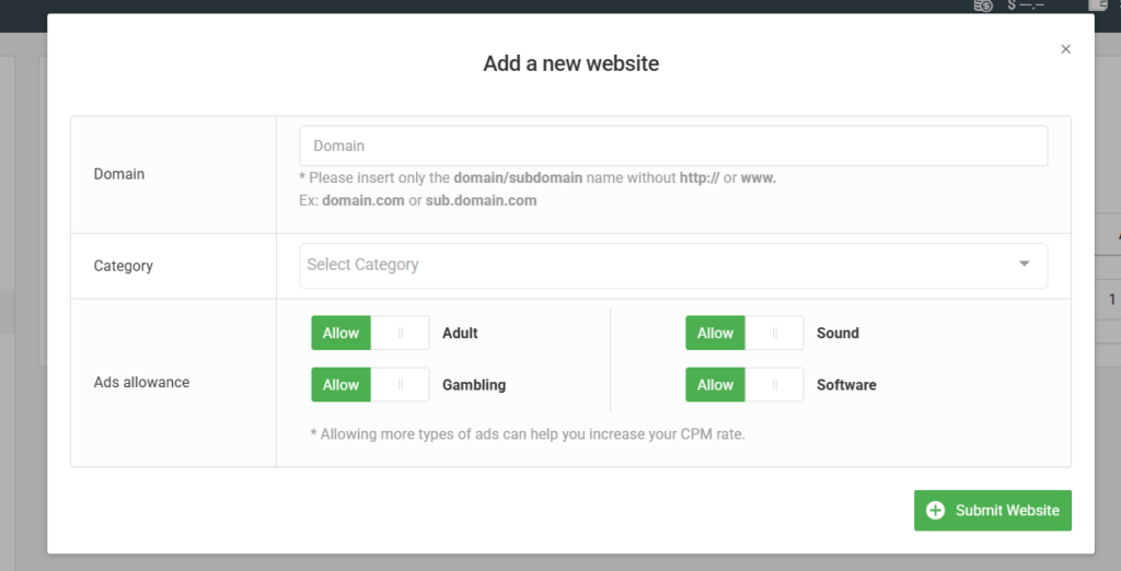 PopCash add new website form with domain, category, and ads allowance fields