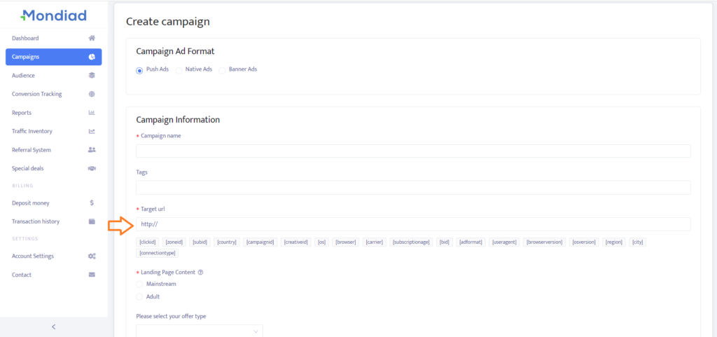 Mondiad campaign creation