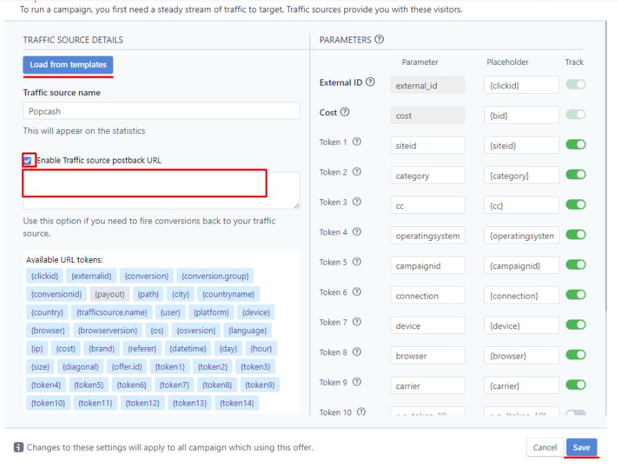 Peerclick postback URL setup