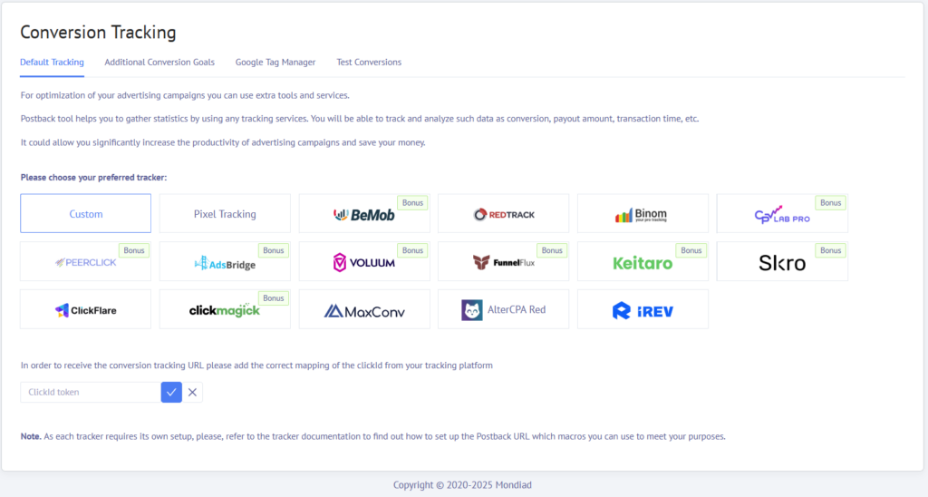 Mondiad ad tracking options